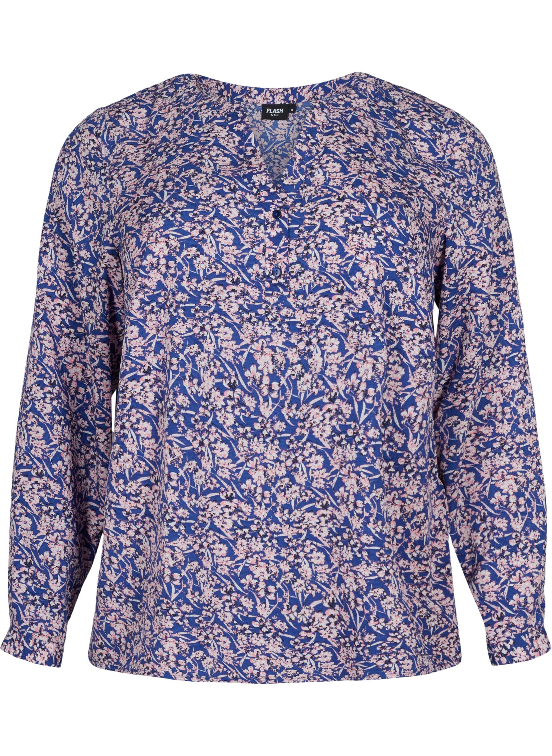 Zizzi FLASH - L&aring;ng&auml;rmad blus med tryck, Strong Blue Flower, Packshot image number 0