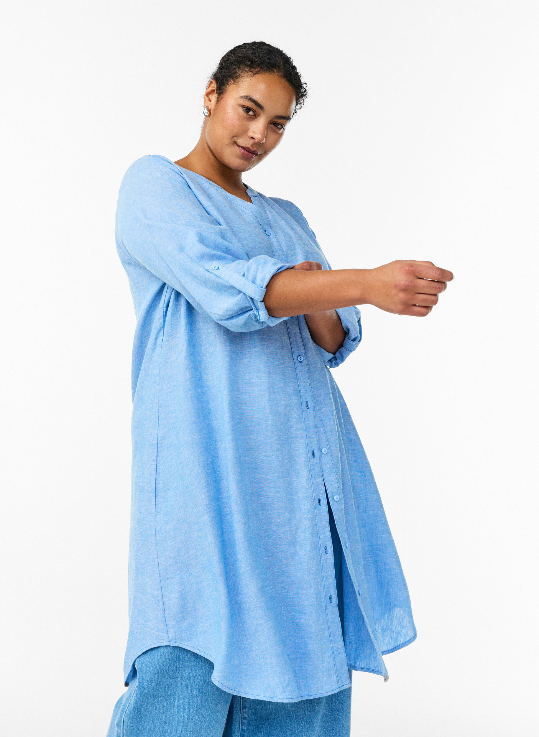 ZizziL&aring;ng skjorta i linne och viskos, Bl&aring;, Model image number 3