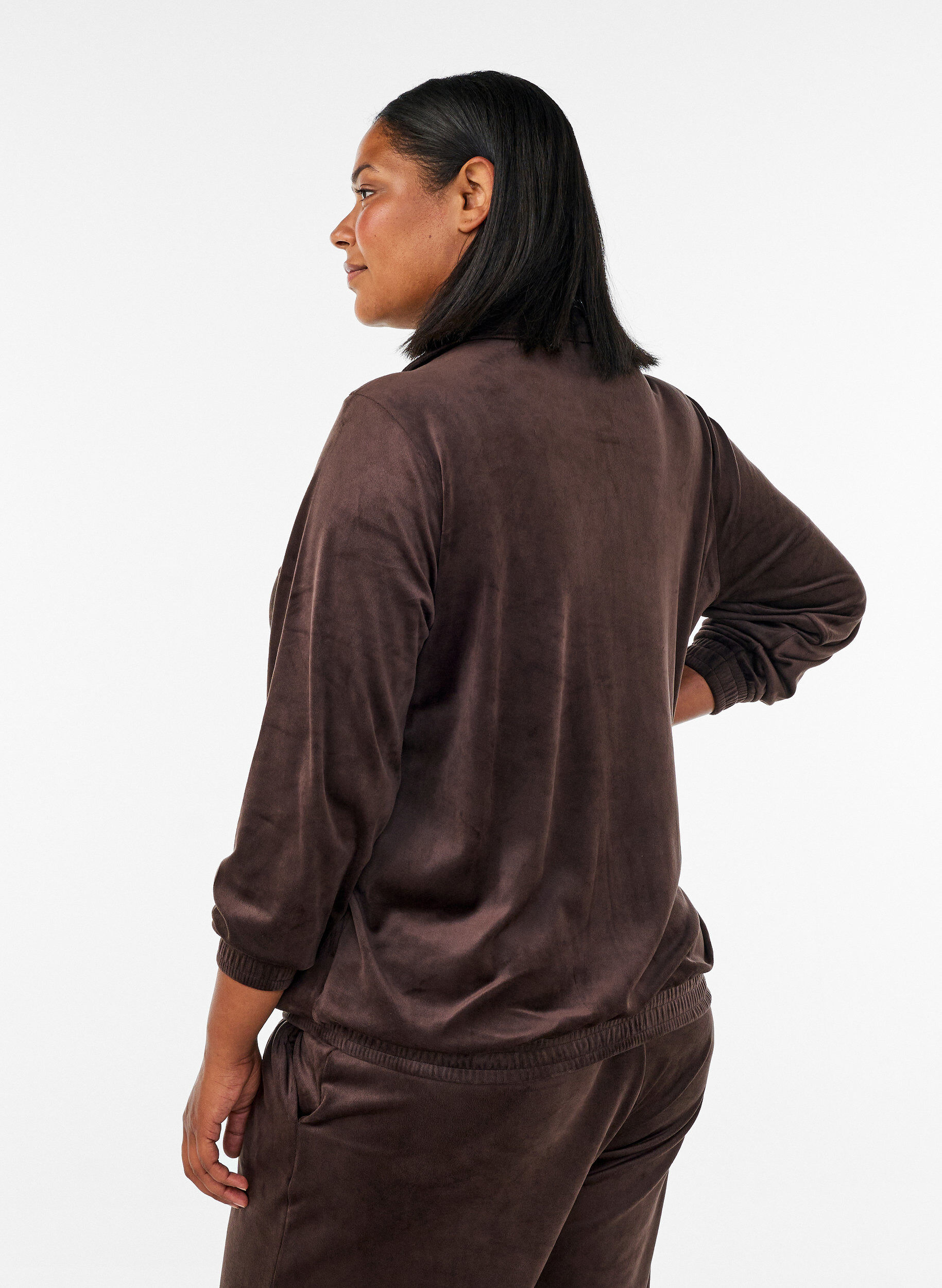 ZizziKofta i mjuk velour med dragkedja och h&ouml;g krage, Brun, Model image number 2