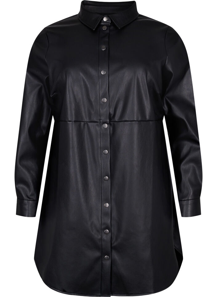 Lång skjorta i läderimitation, Black, Packshot image number 0
