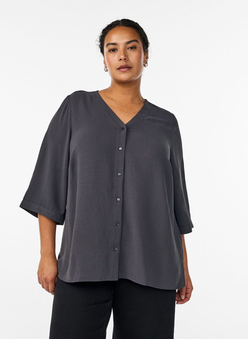 Skjortblus med v-ringning och 3/4-&auml;rm, Gr&aring;, Model image number 0