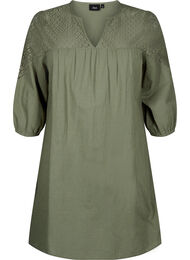 Klänning i bomullsblandning med linne och virkade detaljer, Deep Lichen Green