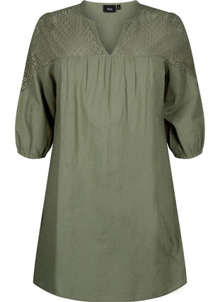 Klänning i bomullsblandning med linne och virkade detaljer, Deep Lichen Green, Packshot image number 0