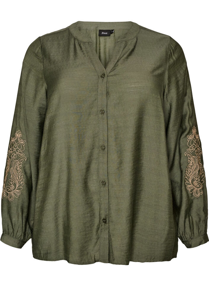 Skjorta i viskos med broderade &auml;rmar, Gr&ouml;n, Packshot image number 0