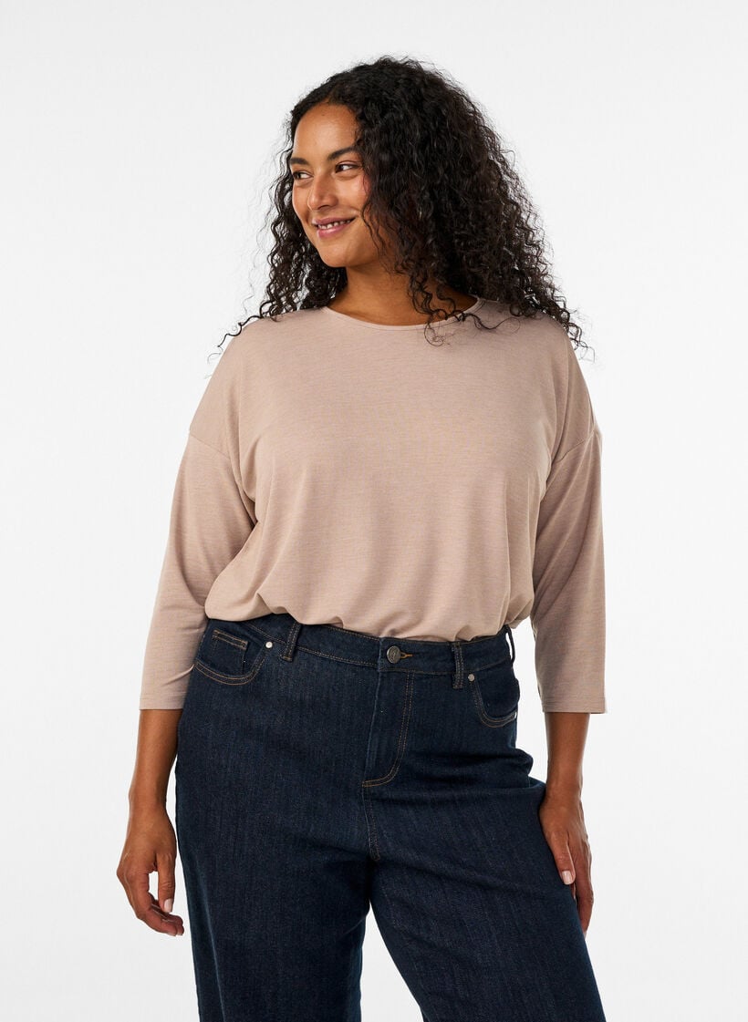 Jerseyblus med 3/4-&auml;rm, Beige, Model image number 0