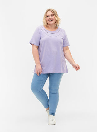 T-shirt i bomull med spetsband, Lavender, Model image number 2