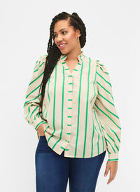 Randig blus av bomullskjortmodell med volangkrage, Beige Green Stripe, Model