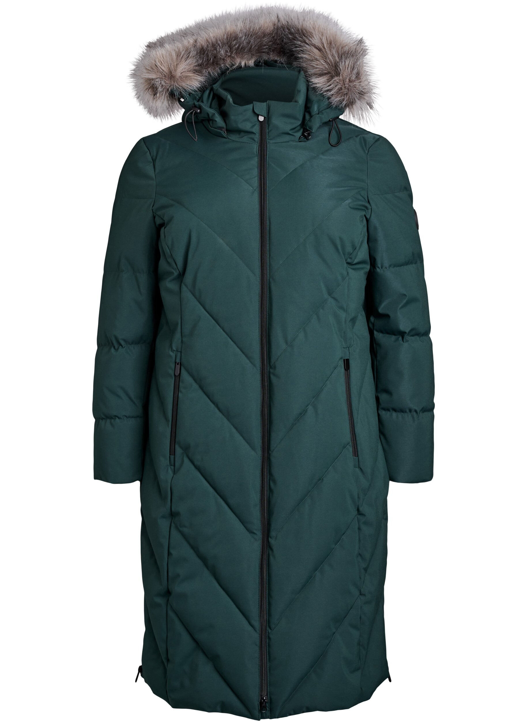 ZizziL&aring;ng vinterkappa med hyskkn&auml;ppning och krage i fuskp&auml;ls, Gr&ouml;n, Packshot image number 0