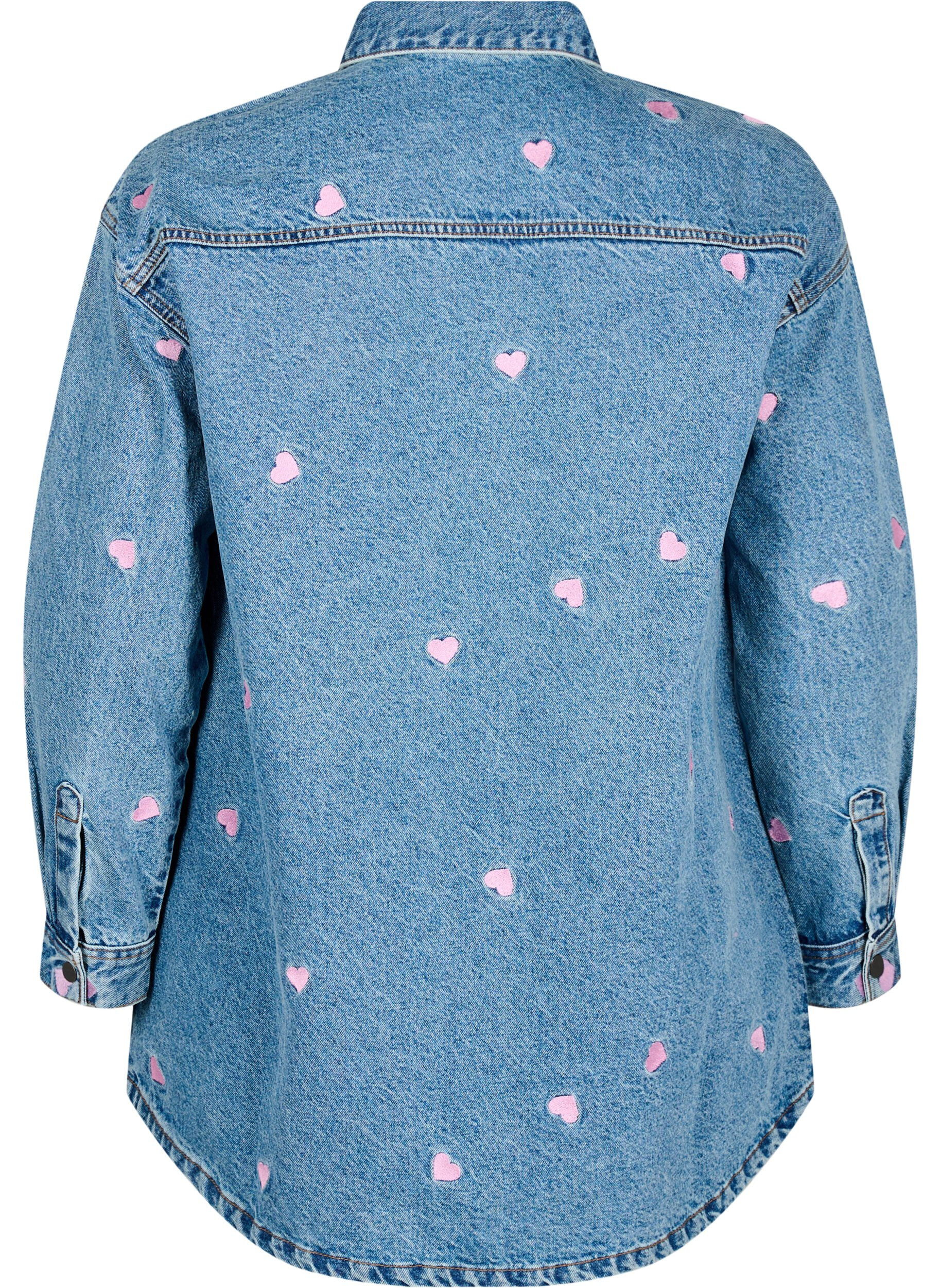 Zizzi L&ouml;s jeansskjorta med broderade hj&auml;rtan, Light Blue Heart, Packshot image number 1