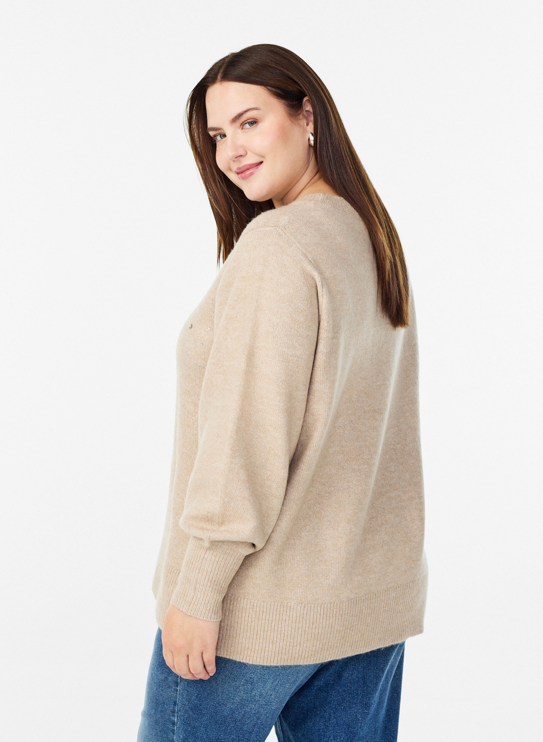 Zizzi Stickad blus med strass, Beige, Model image number 2