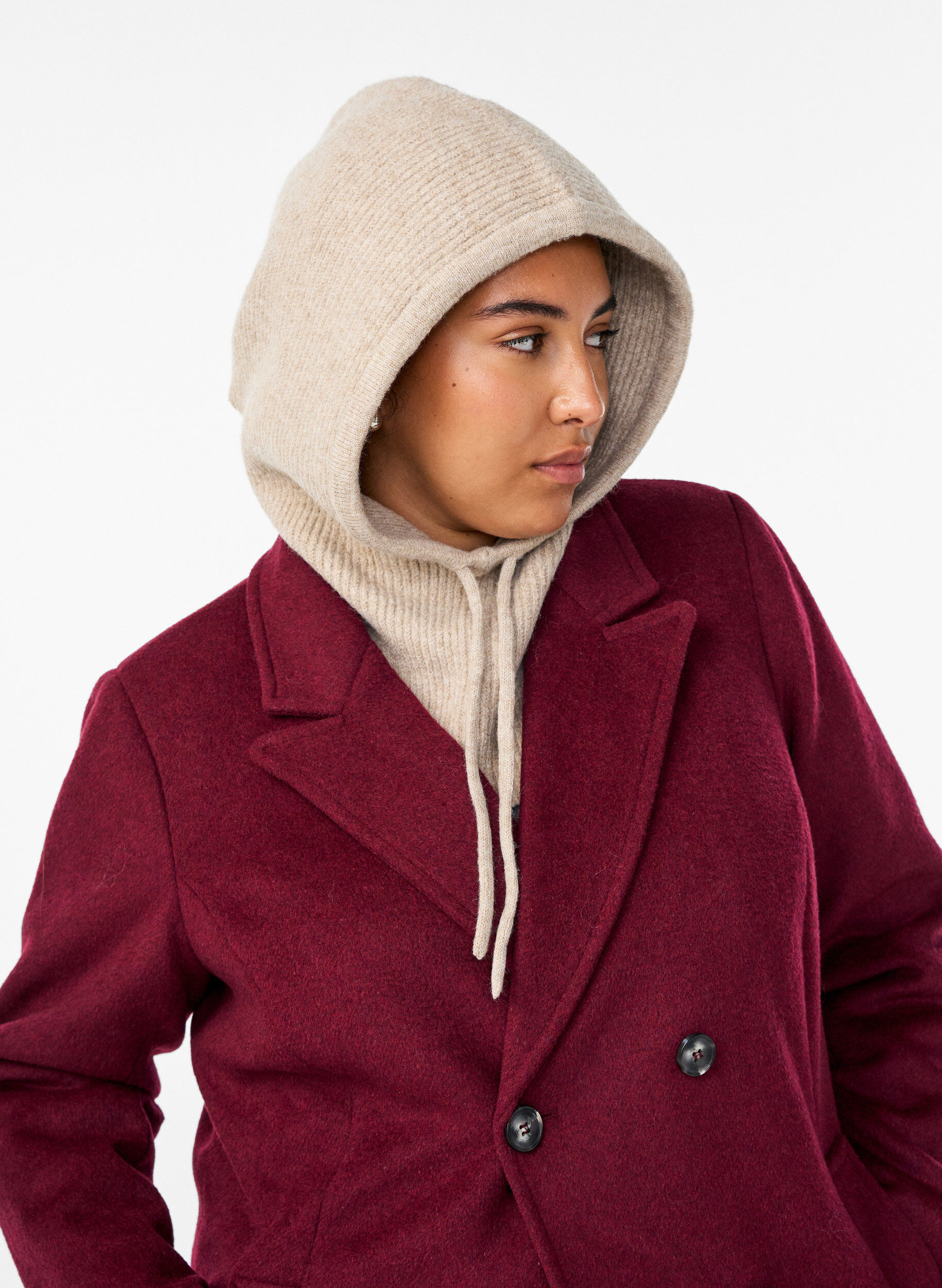 Zizzi Stickad balaklava med dragsko, Beige, Model image number 1