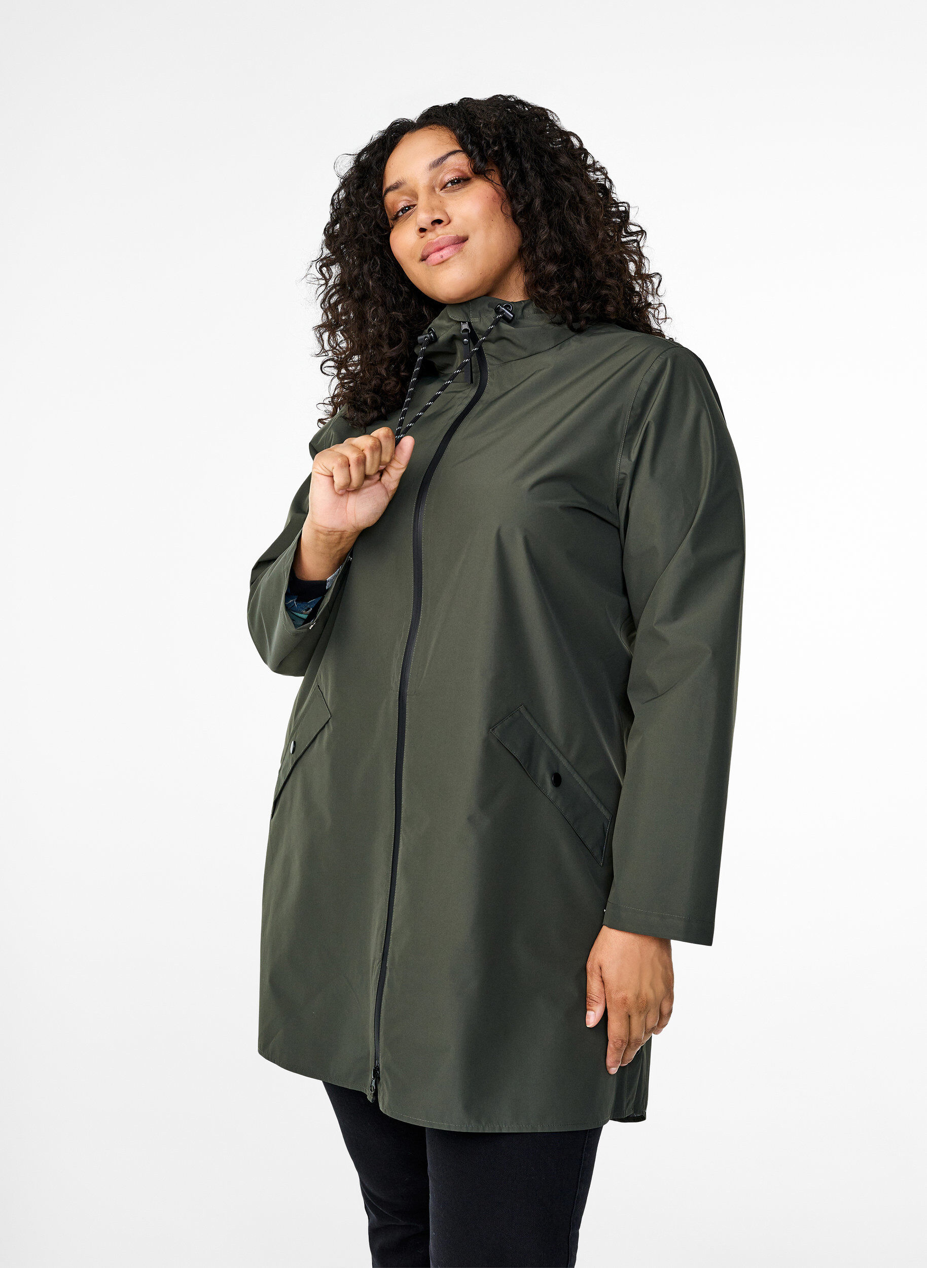 ZizziRegnjacka med fickor och huva, Gr&ouml;n, Model image number 0