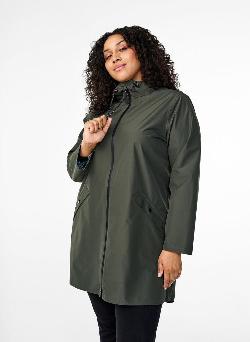 Regnjacka med fickor och huva, Gr&ouml;n, Model image number 0