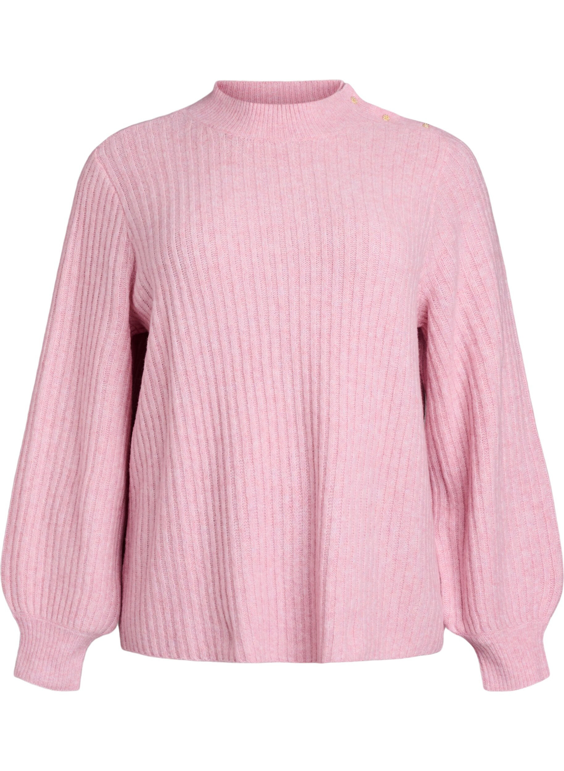 ZizziRibbstickad tr&ouml;ja med puff&auml;rmar och knappar, Rosa, Packshot image number 0