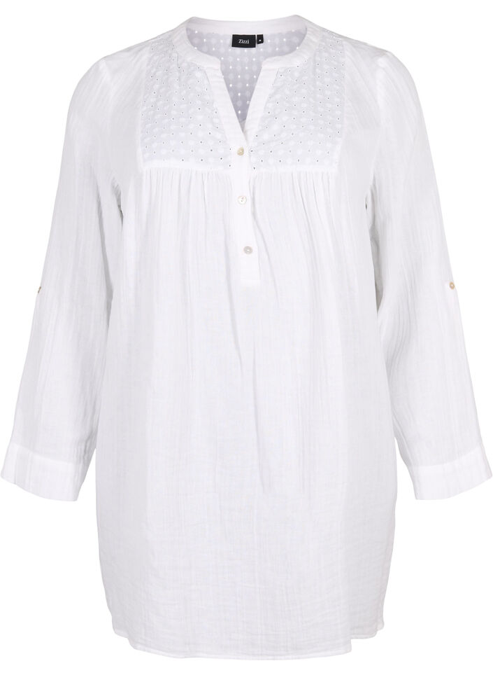 Tunika i bomull med broderi anglaise, Bright White, Packshot image number 0
