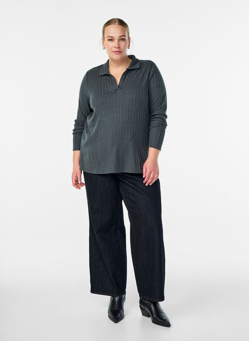 Stickad blus med krage och kabelmönster, Grön, Model image number 1