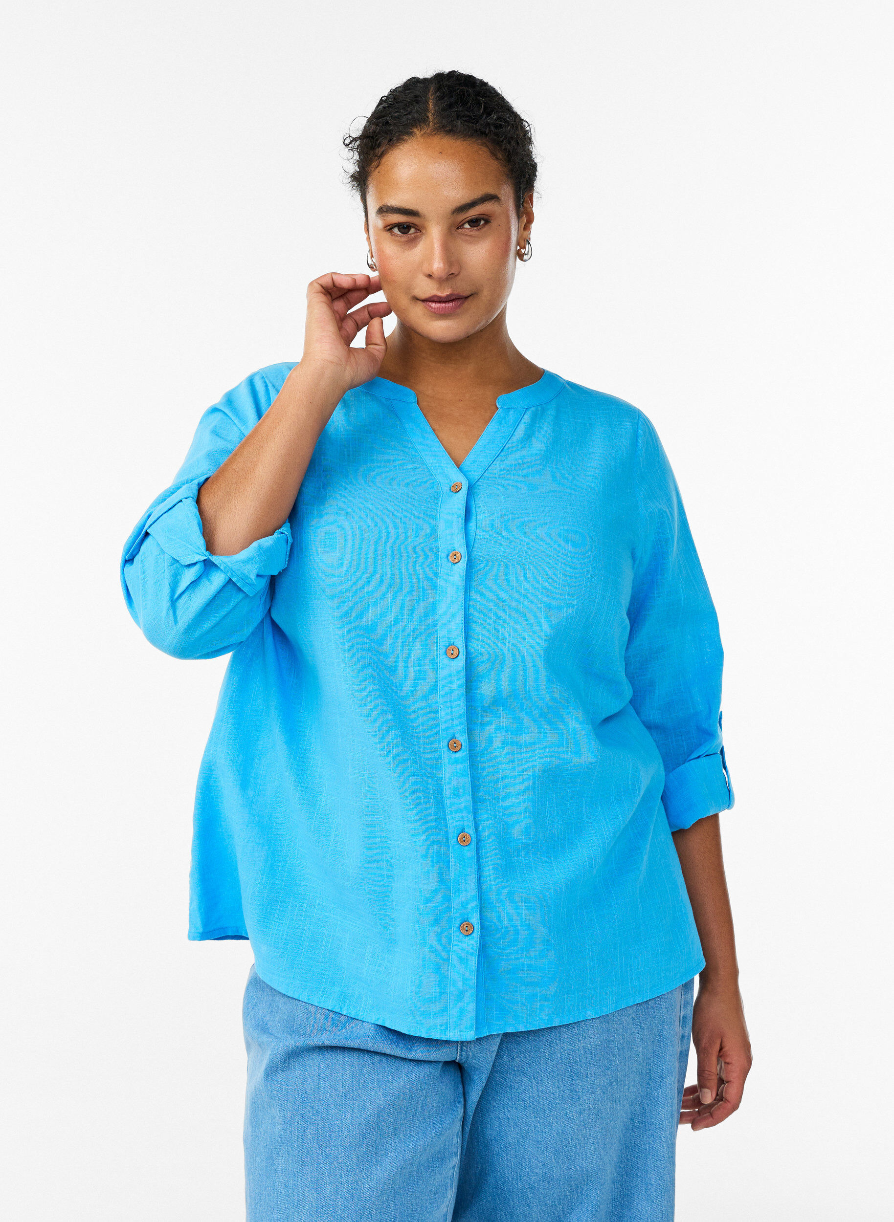 ZizziSkjortblus i bomull med v-ringning, Bl&aring;, Model image number 0
