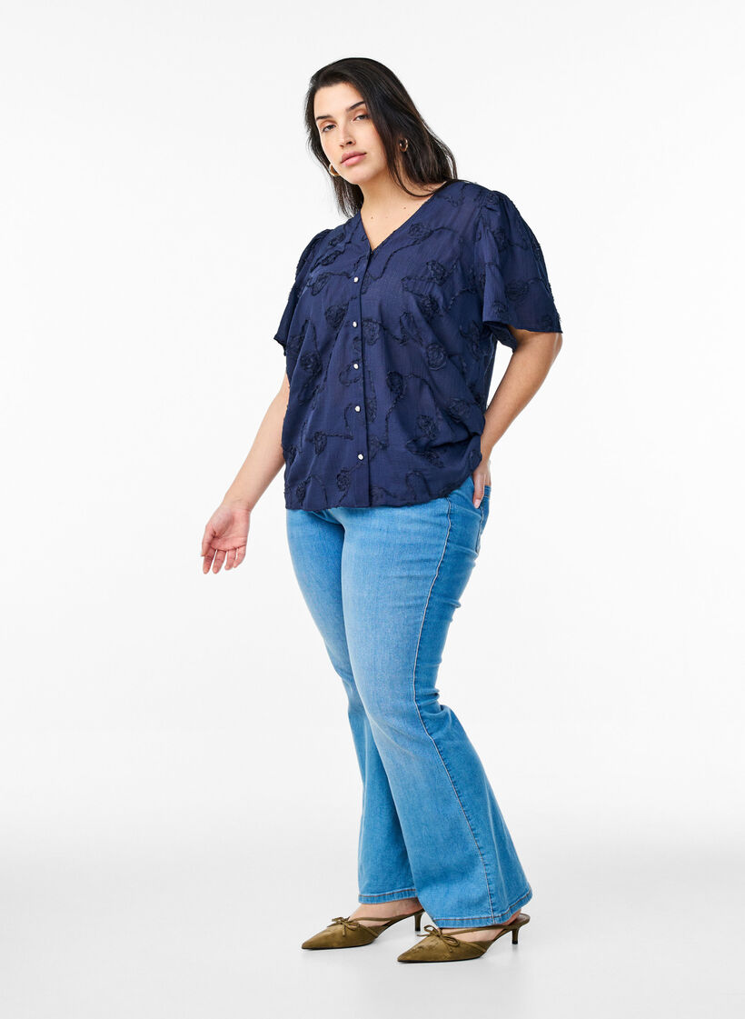 Kortärmad blus med 3D-blomdetaljer, Blå, Model image number 1