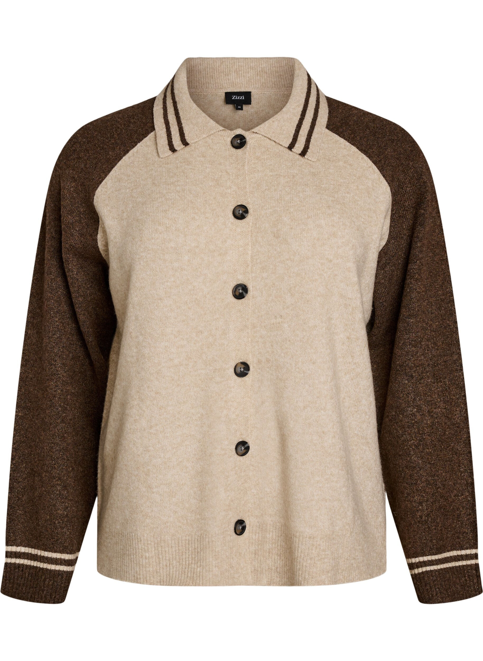 ZizziKofta med kontrast&auml;rmar och krage, Beige, Packshot image number 0