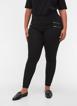 Enfärgade leggings med pressveck och dragkedjor, Black, Model image number 3