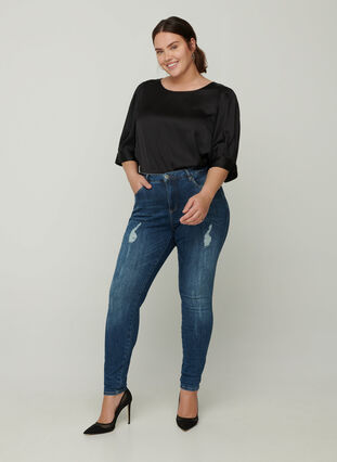 Amy Jeans med slitna detaljer, Blue denim, Model image number 2
