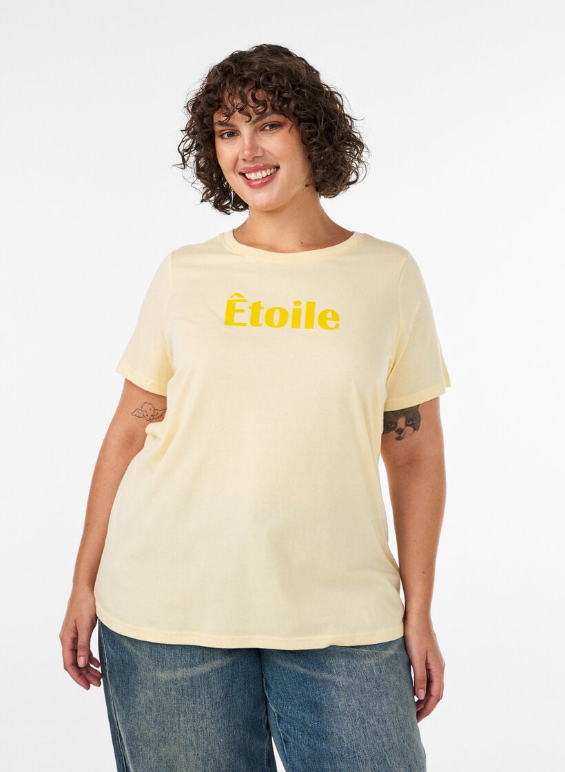 T-shirt i ekologisk bomull med velourtext, Gul, Model image number 0