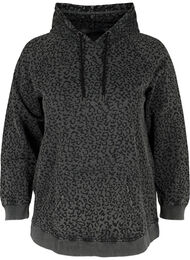 Sweatshirt i ekologisk bomull med huva i leopardmönster, Grey Leo Acid Wash