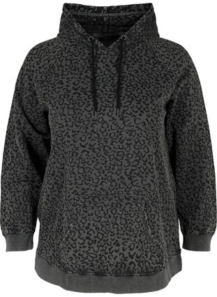 Sweatshirt i ekologisk bomull med huva i leopardmönster, Grey Leo Acid Wash, Packshot image number 0