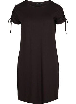 Kortärmad viskosklänning med snördetaljer, Black, Packshot image number 0