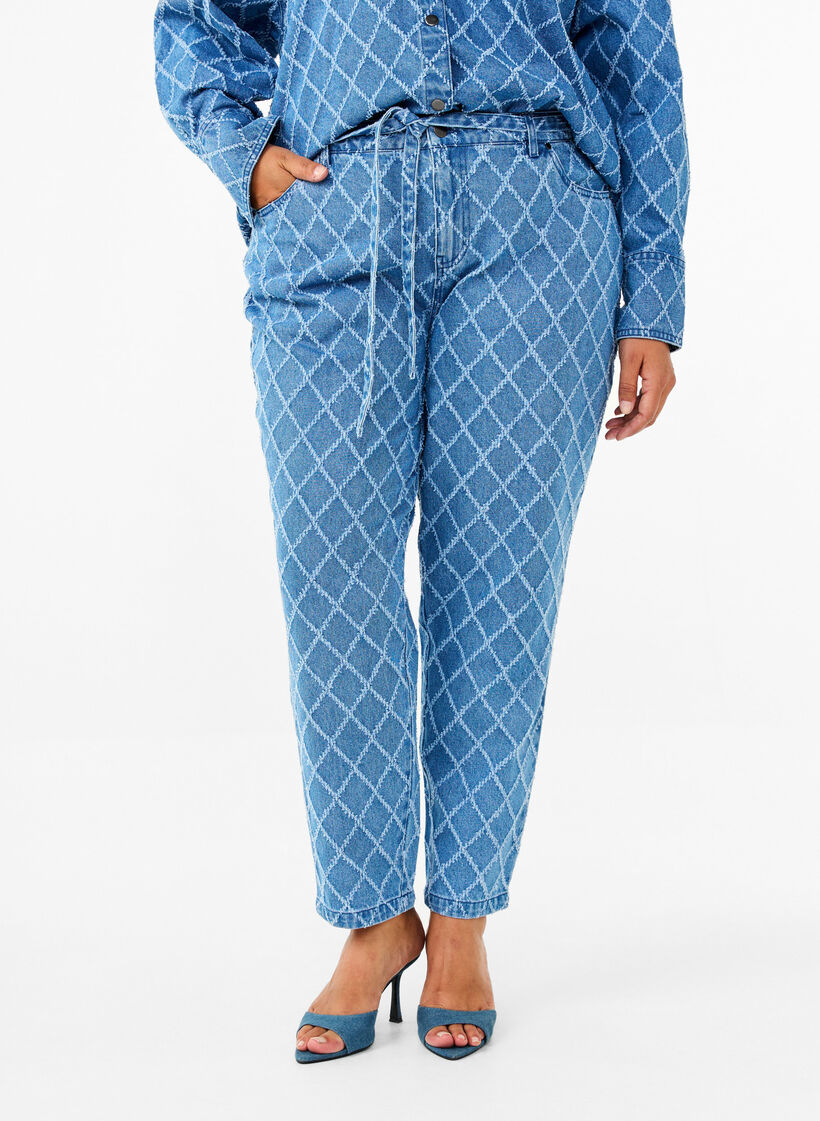 Croppad Mille jeans med destroy-mönster, Blue Denim, Model image number 2