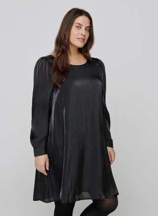Klänning med skimmer och långa puffärmar, Black, Model image number 0