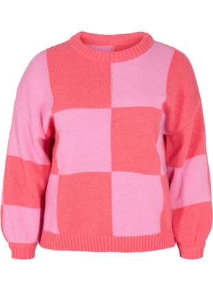 Rutig stickad tröja, Begonia Pink Comb, Packshot image number 0