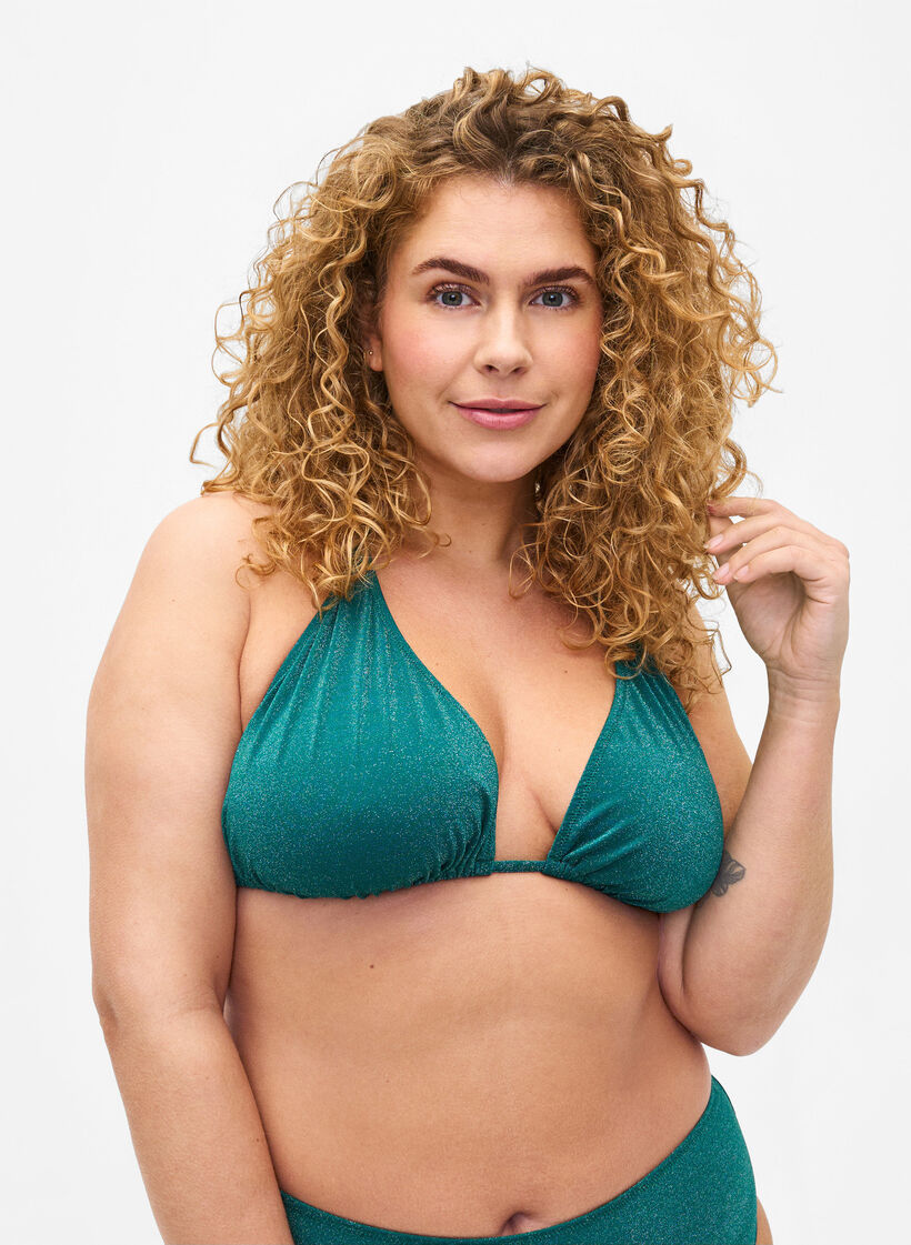 Glittrig triangelformad bikiniöverdel, Grön, Model image number 0