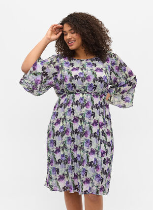 Plisserad klänning med mönster och knytband, Purple Flower Mix, Model image number 0