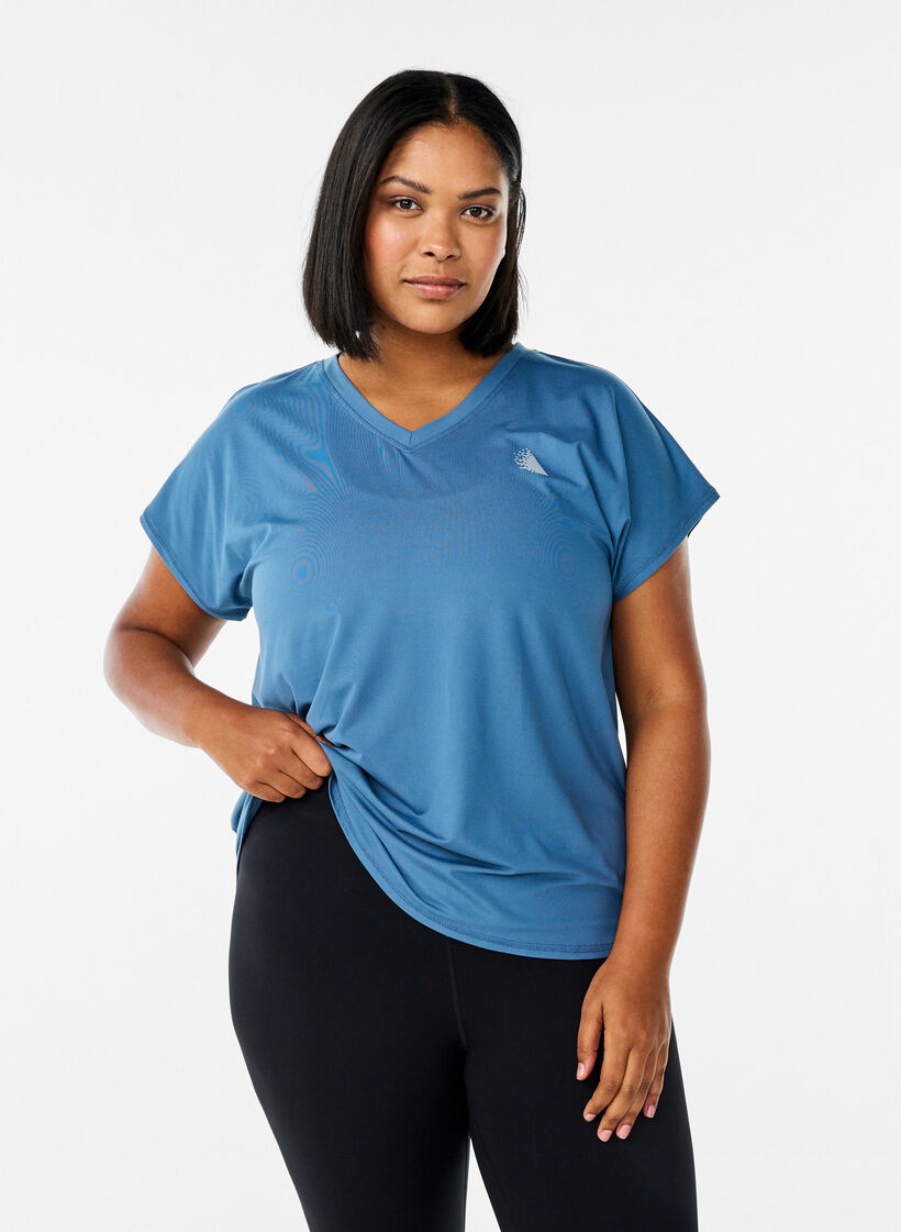 Kort&auml;rmad tr&auml;nings-t-shirt med v-ringning, Bl&aring;, Model image number 0