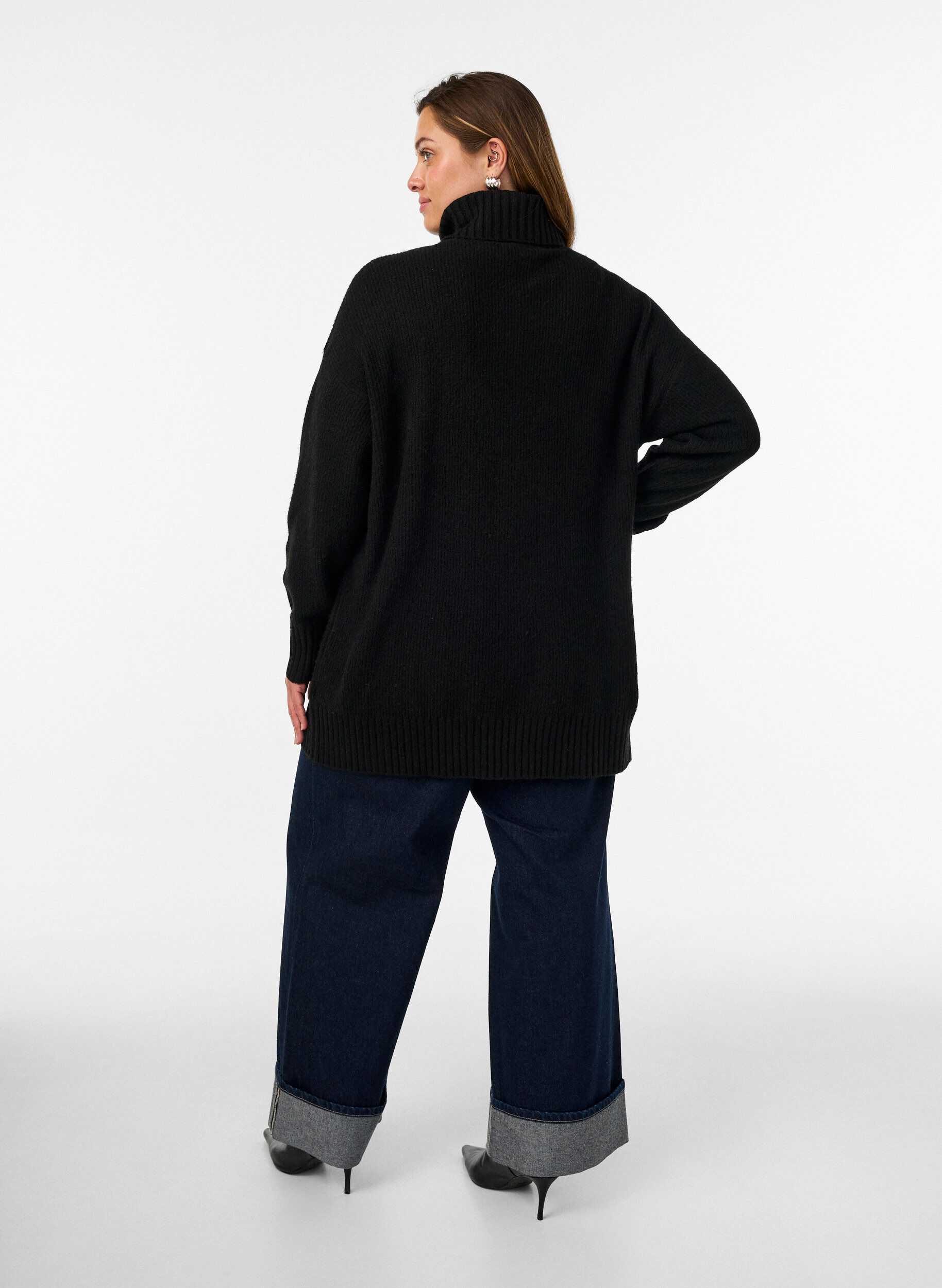 ZizziL&ouml;st stickad tr&ouml;ja med polokrage, Svart, Model image number 2