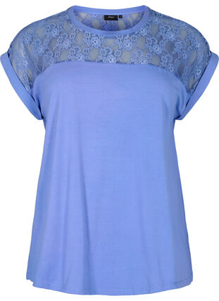 Kortärmad t-shirt av bomull med spets, Persian Jewel, Packshot image number 0