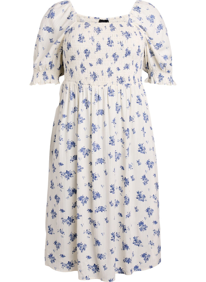 Blommig midikl&auml;nning i viskos med smock, Vit, Packshot image number 0