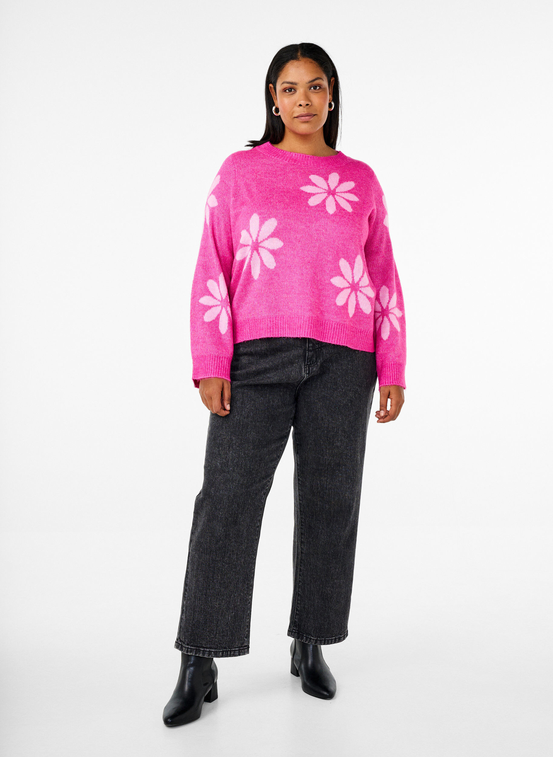 Zizzi Stickad blus med blommor, Raspberry Rose Comb, Model image number 2