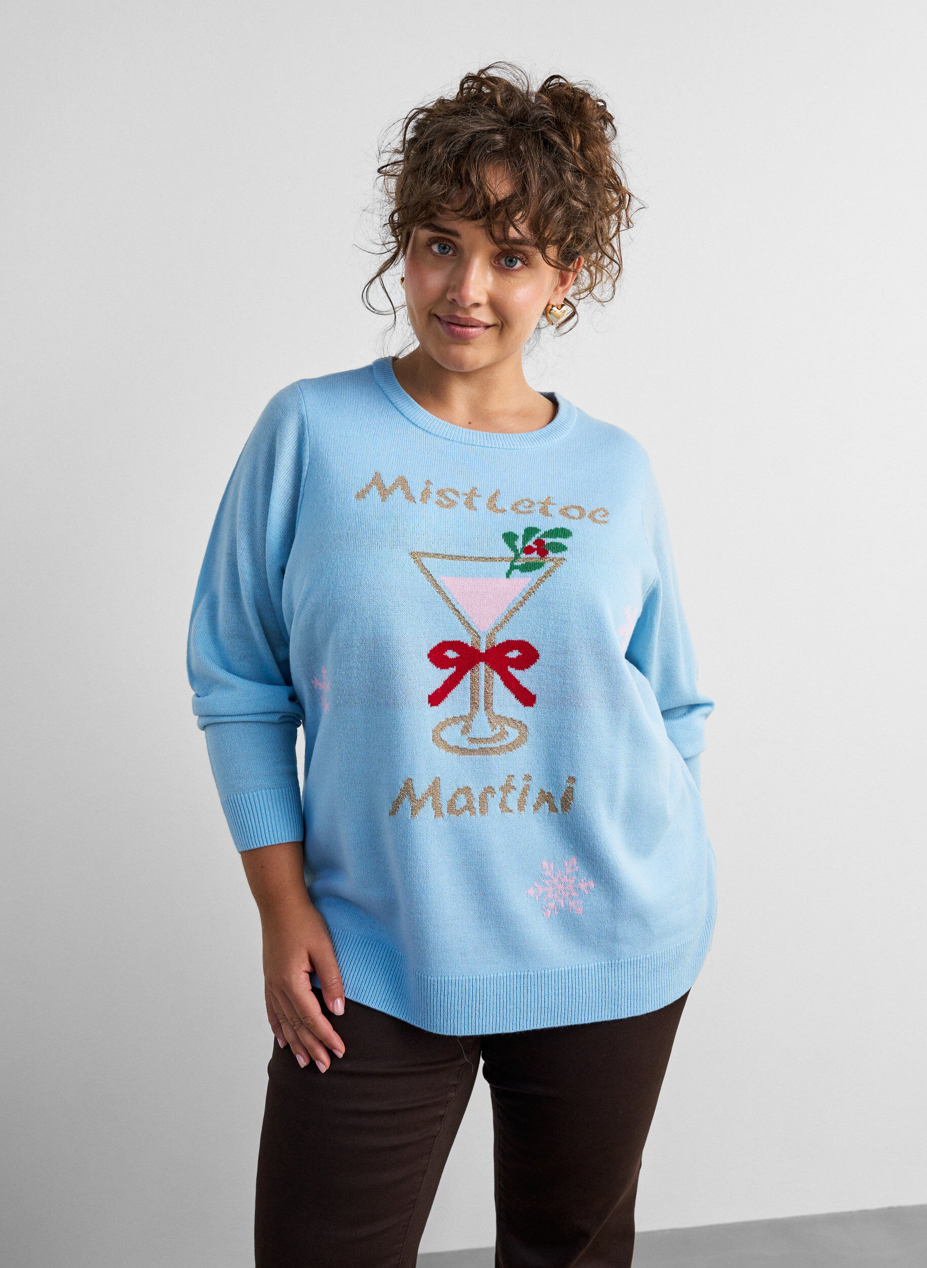 ZizziStickad blus med julmotiv, Bl&aring;, Model image number 0