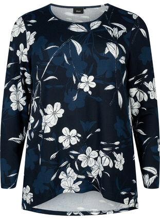 Randig blus med långa ärmar, Navy B. Flower AOP, Packshot image number 0