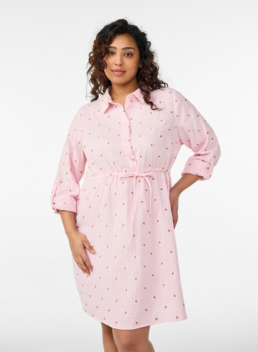 Skjortkl&auml;nning i bomullsmuslin med broderade motiv, Rosa, Model image number 0