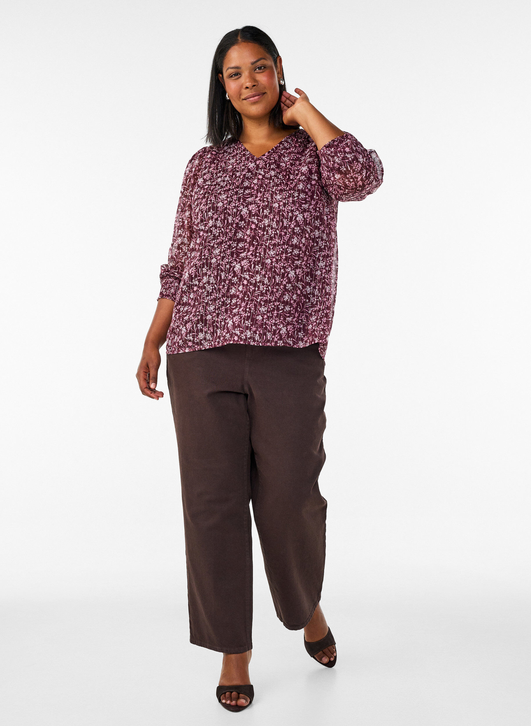 ZizziBlus med blomm&ouml;nster och glittertr&aring;d, R&ouml;d, Model image number 1