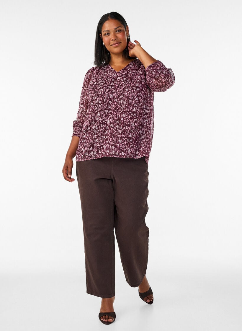 Blus med blomm&ouml;nster och glittertr&aring;d, R&ouml;d, Model image number 1