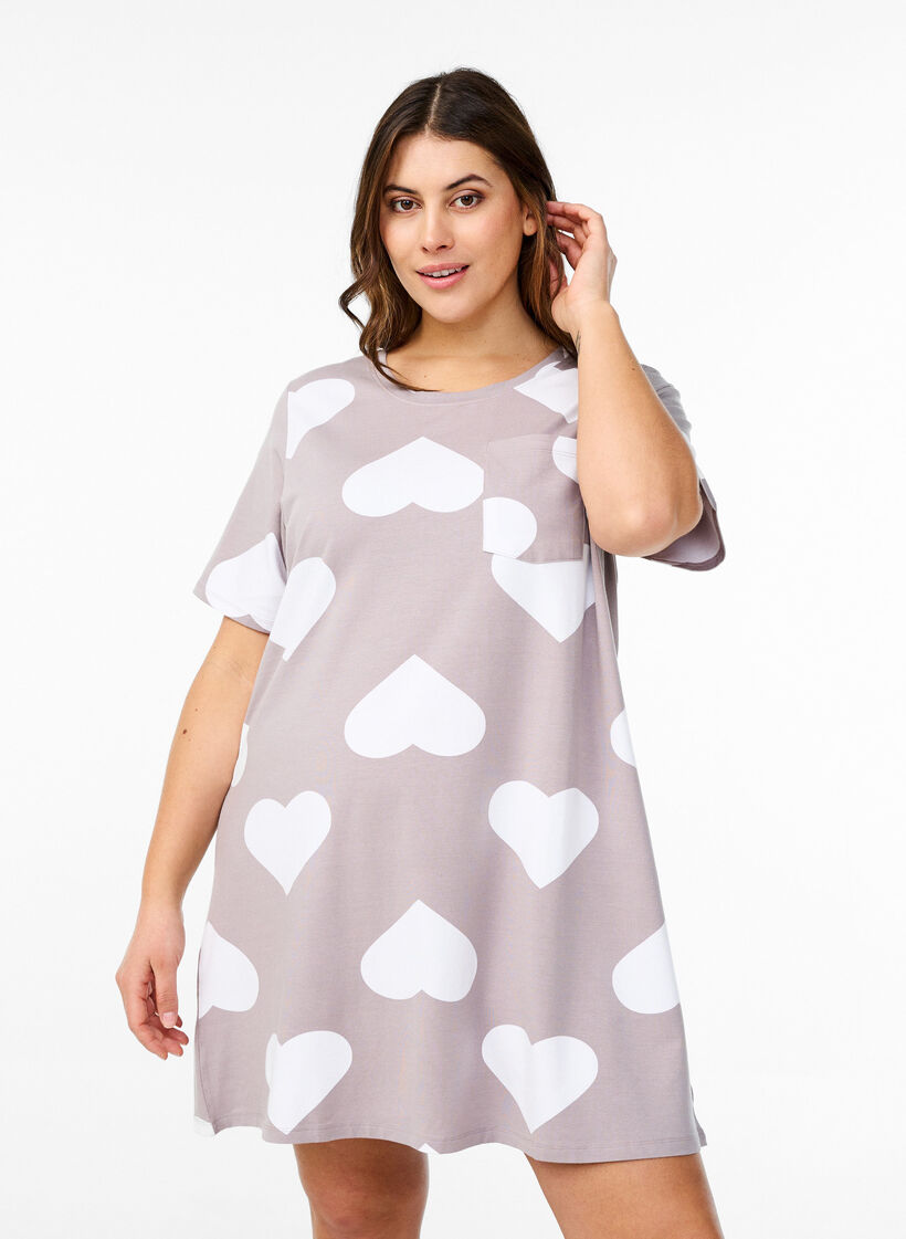 Lång natt-t-shirt i modalblandning med hjärtan, Grå, Model image number 0