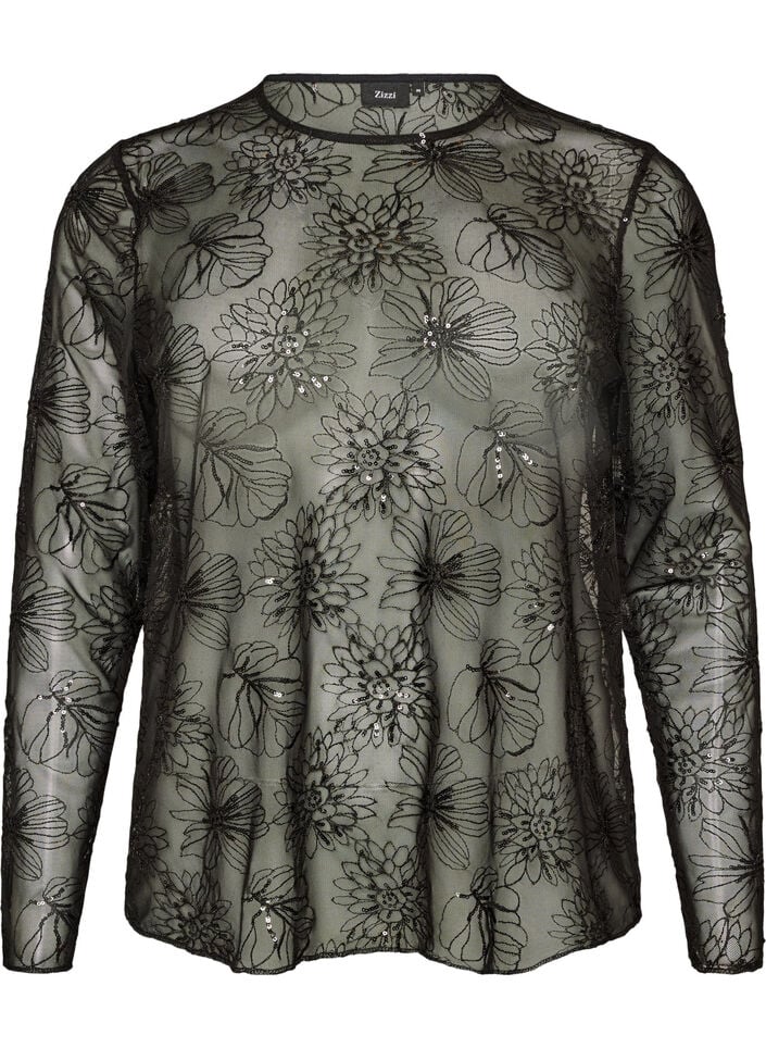 Blus i mesh med blommor och paljetter, Svart, Packshot image number 0