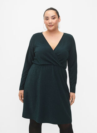 Glitterklänning med omlott och långa ärmar, Black Scarab, Model image number 0