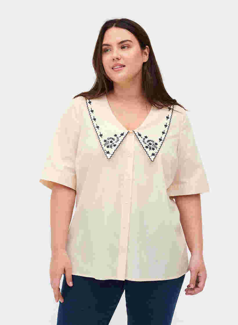 Kortärmad skjorta i bomull med stor krage, MotherOfPearl w.Blue, Model