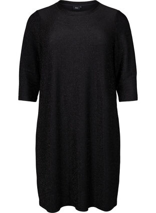 Glitterklänning med 3/4-ärmar och rund hals, Black Black, Packshot image number 0