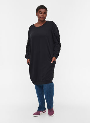 Sweatshirtklänning med fickor och draperade ärmar, Black, Model image number 2